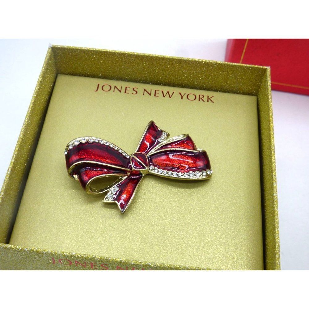 Jones New York Women’s Holiday Bow Brooch Pin, Red/Gold